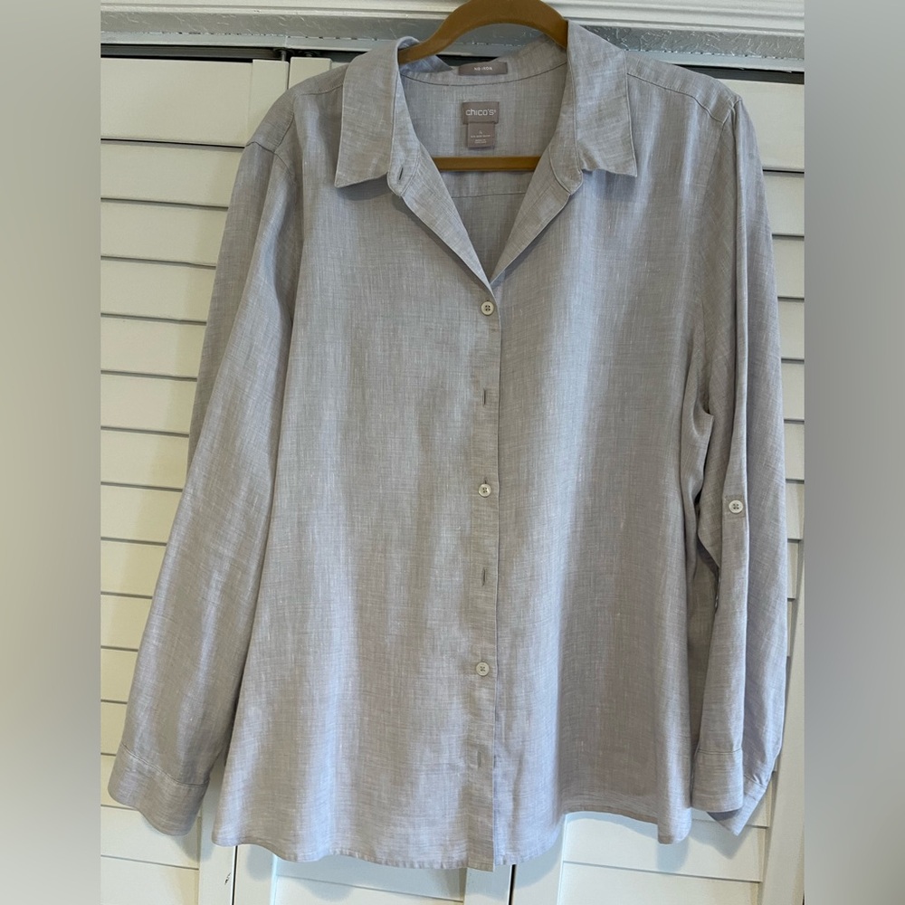 Chico's Light Gray No Iron Linen Button-Down Shirt size 4